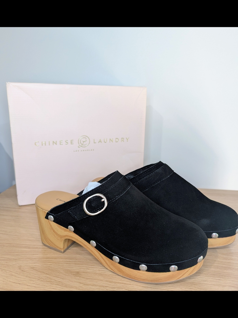 Chinese Laundry Black "Cindy" Suede Clog Mules with Wood Heel, Sz 8